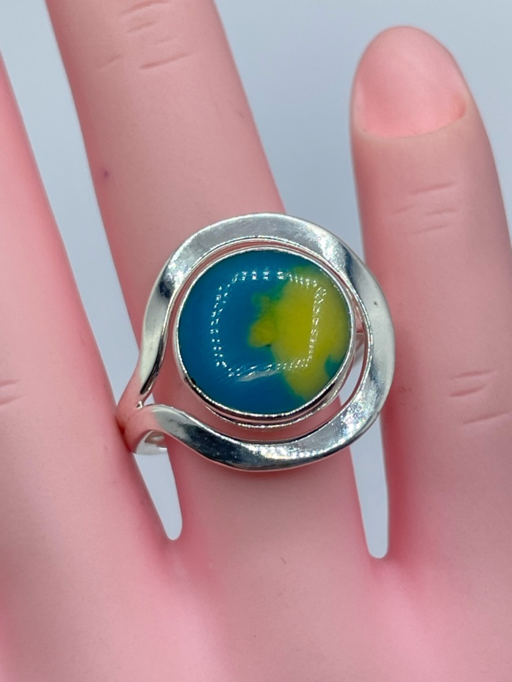 Vintage Mexico Blue Green Cabochon Gemstone Ring Silver Sz 9 Southwestern